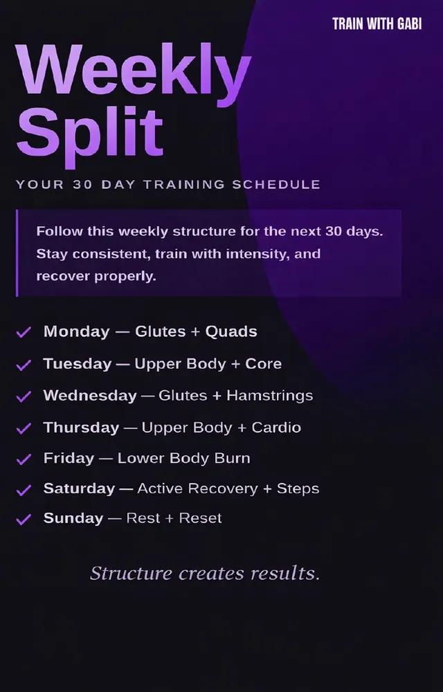 Page 4 of the 30 Day Body Reset: the weekly training split, Monday to Sunday.