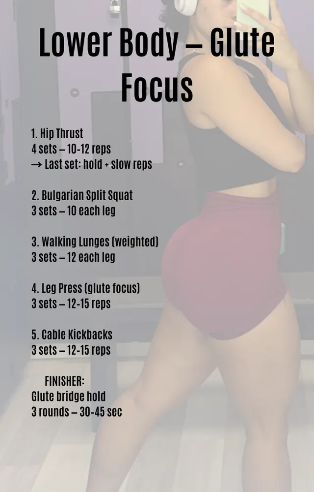 Page 8 of From Soft to Sculpted: the Lower Body Glute Focus workout, with every exercise, sets, reps and the finisher.